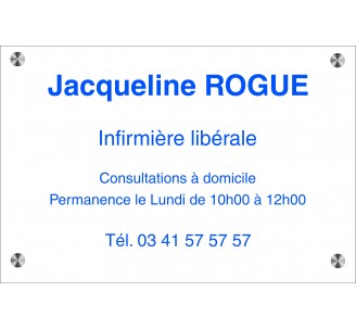 Plaque professionnelle gravée en plexi incolore, texte bleu